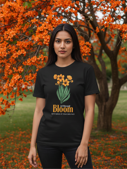 Model wearing bloom with grace floral black classic t-shirt