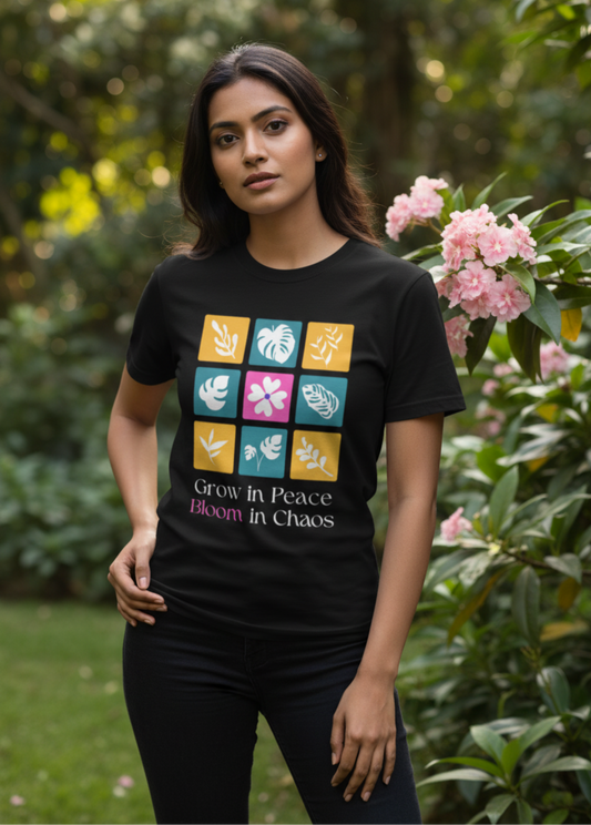 Model wearing floral design ‘grow in peace bloom in chaos’ black classic t-shirt