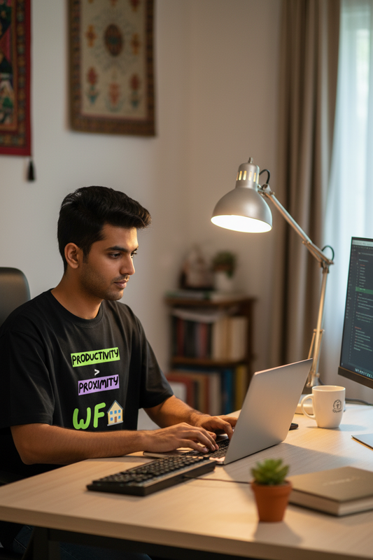 A man wearing a black graphic t-shirt with 'PRODUCTIVITY > PROXIMITY WFH' printed on the front, sitting at a desk and working on a laptop in a home office environment.
