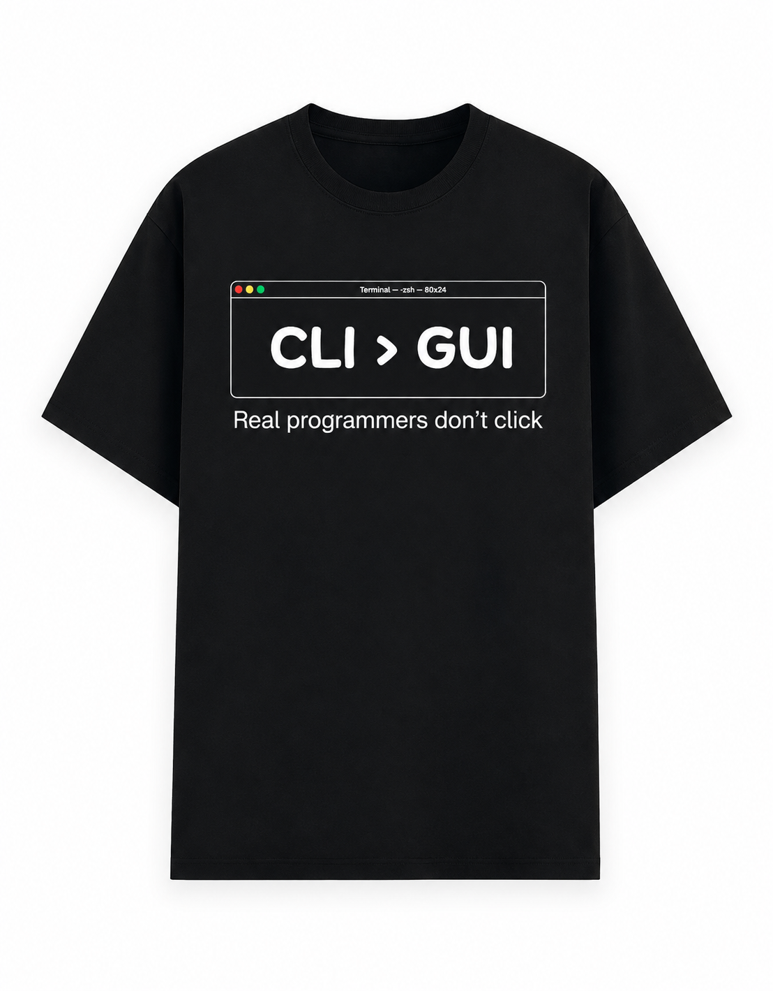A black short-sleeve classic t-shirt with a white graphic print on the chest depicting a terminal window with the text 'CLI > GUI' and 'Real programmers don't click'.