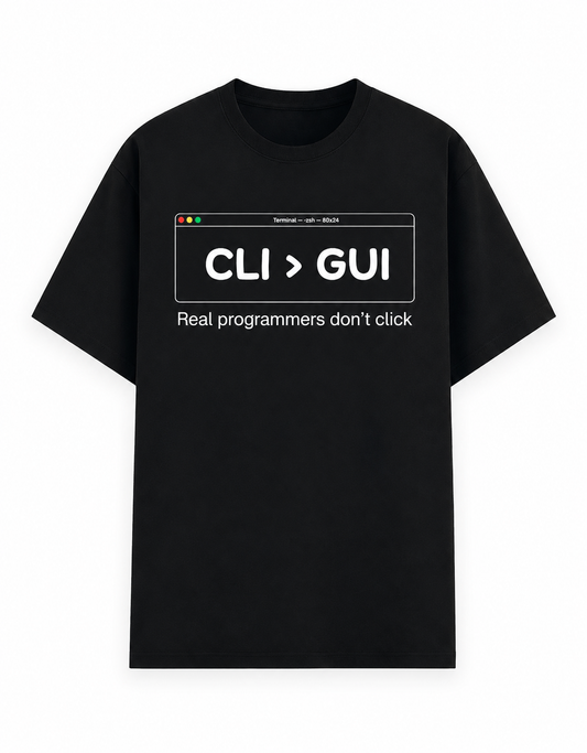 A black short-sleeve classic t-shirt with a white graphic print on the chest depicting a terminal window with the text 'CLI > GUI' and 'Real programmers don't click'.