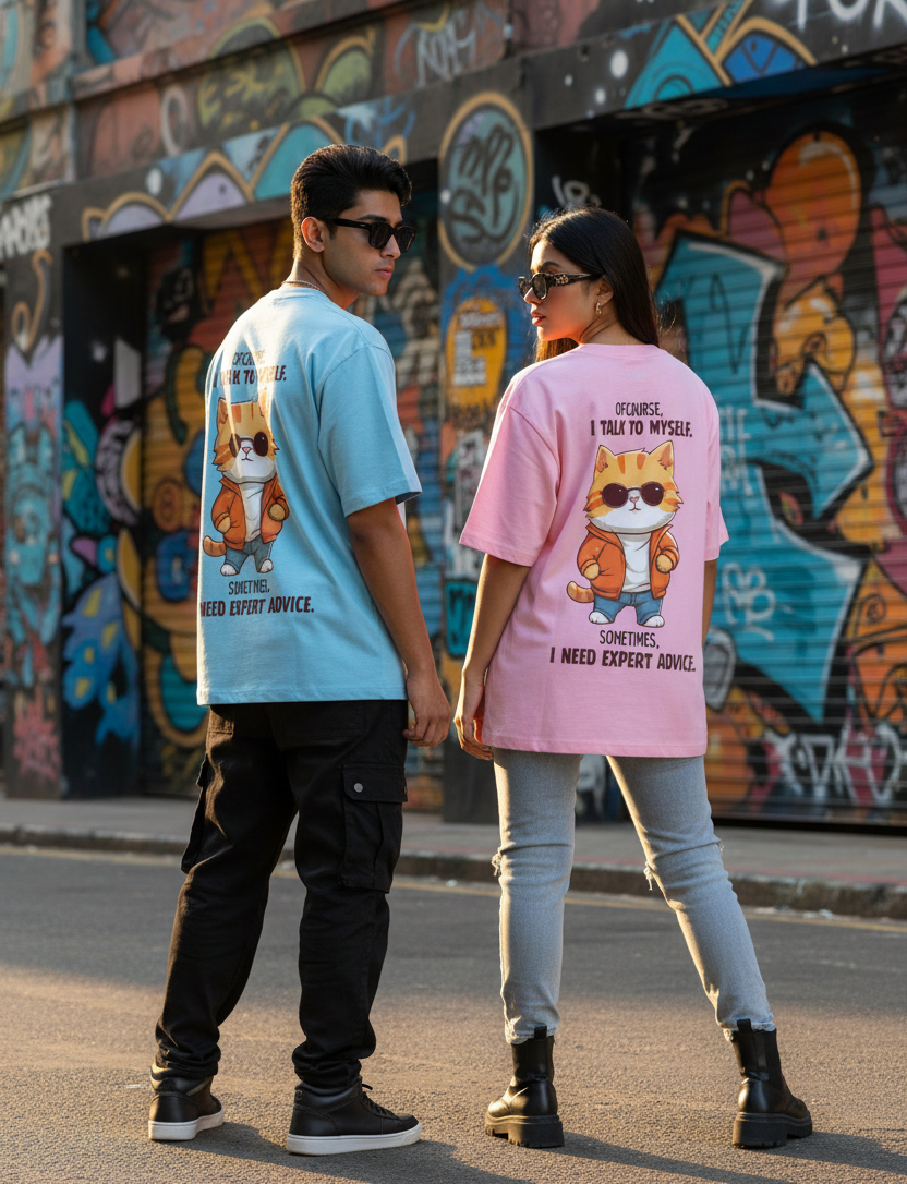 Models wearing oversized graphic t-shirts with the quote - Ofcourse I talk to myself, sometimes I need expert advice.