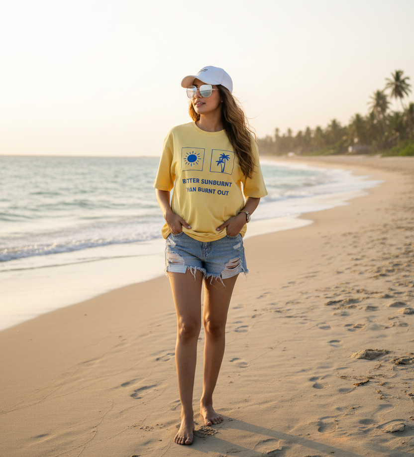 A woman stands on a sandy beach wearing a yellow graphic t-shirt saying better sunburnt than burnt out, denim shorts, and a white cap, with the ocean and palm trees in the background.