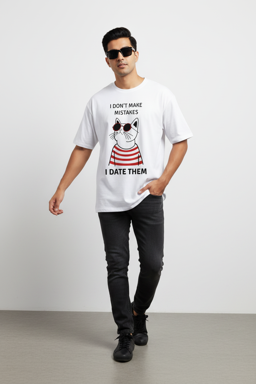 A man modeling a white graphic t-shirt with a cartoon cat wearing sunglasses and the text 'I DON'T MAKE MISTAKES I DATE THEM'. He is also wearing black pants, black sunglasses, and black sneakers, standing against a light gray studio background.