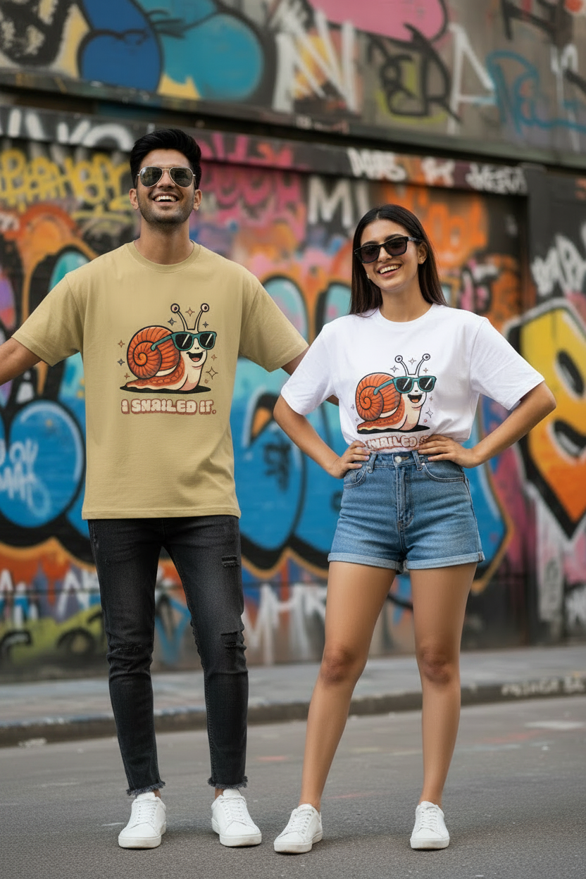 Two models wearing a humorous graphic classic t-shirt stating I Snailed It