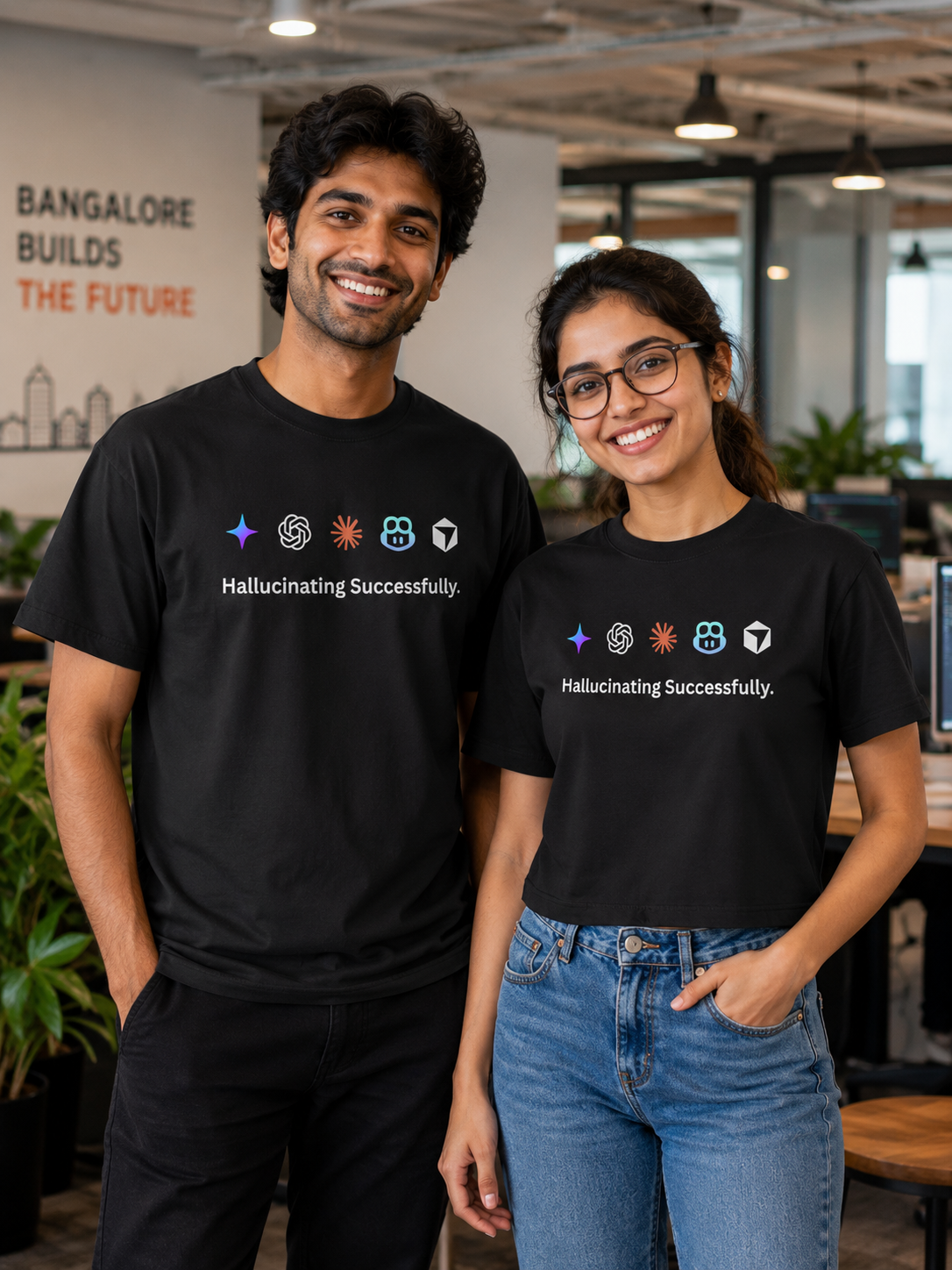 Two programmers wearing a matching black graphic T-shirts with the phrase 'Hallucinating Successfully.' printed across the chest in white text with Gemini OpenAI Claude Copilot annd Cursor logos above it.