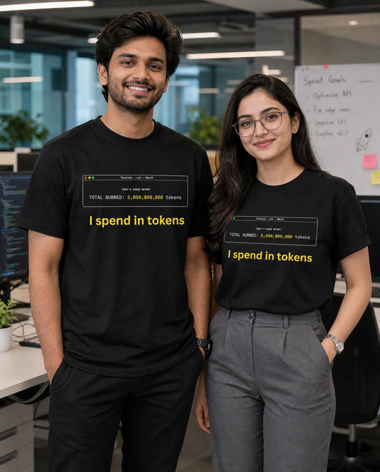 Two AI programmers standing in an office wearing matching black graphic T-shirts with a terminal and yellow humorous text reading 'I spend in tokens'.