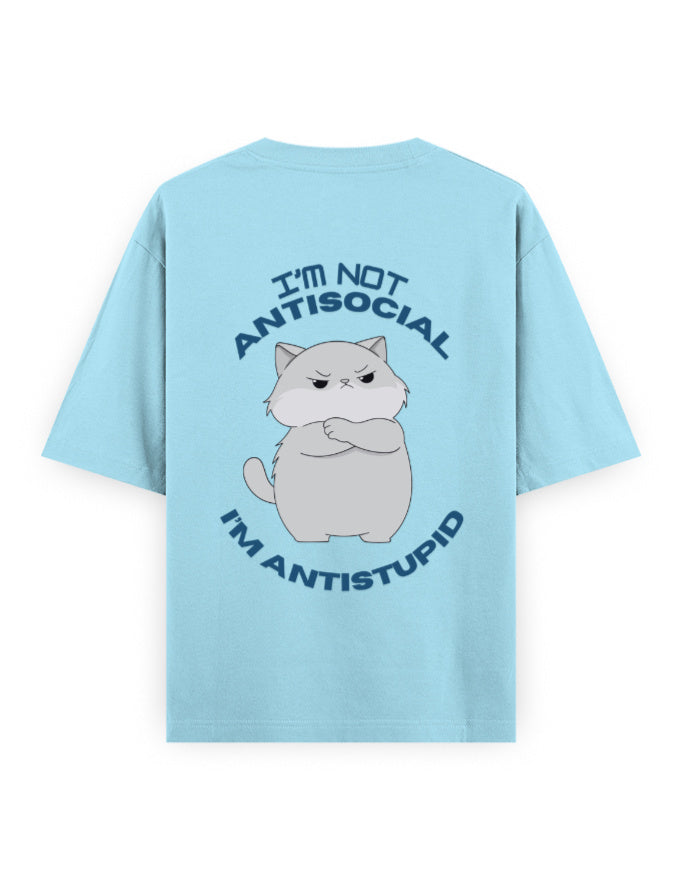 anti social anti stupid attitude graphic light blue oversized t-shirt