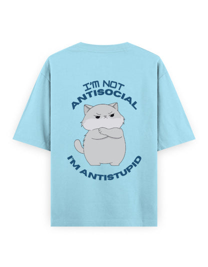 anti social anti stupid attitude graphic light blue oversized t-shirt