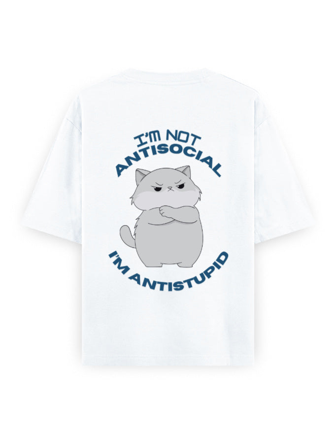anti social anti stupid attitude graphic white oversized t-shirt