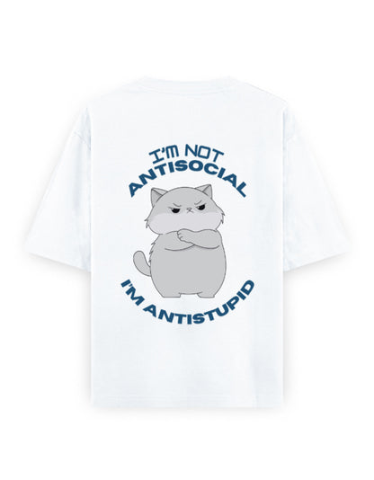 anti social anti stupid attitude graphic white oversized t-shirt