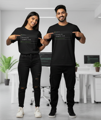 Two models wearing humorous AI t-shirt stating code was authored by AI, debugged by also AI