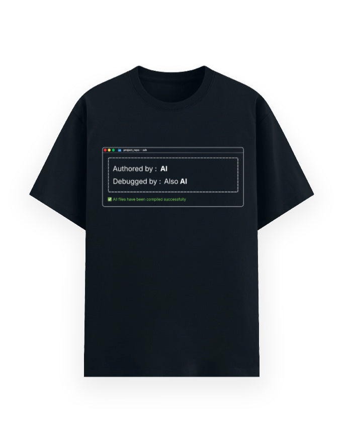 Navy classic t-shirt with a dev joke stating code was authored by AI, debugged by also AI
