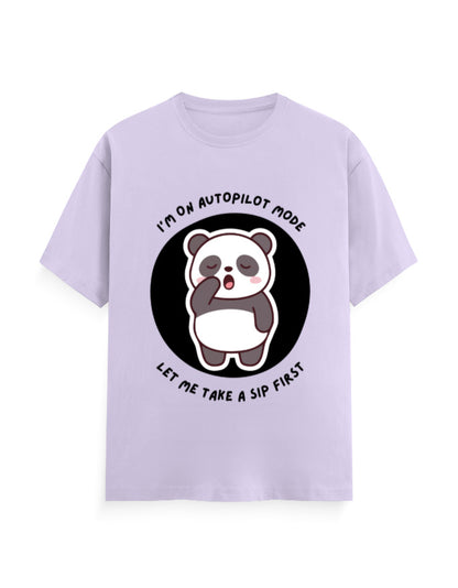 Lavender classic t-shirt with panda graphic with a quote - I’m on autopilot mode, let me take a sip first