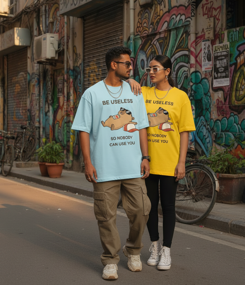 A man and a woman walking side-by-side on a city street with colorful graffiti-covered walls. The man wears a light blue oversized t-shirt with a cartoon graphic and the text 'BE USELESS SO NOBODY CAN USE YOU', while the woman wears a matching yellow oversized t-shirt with the same graphic.