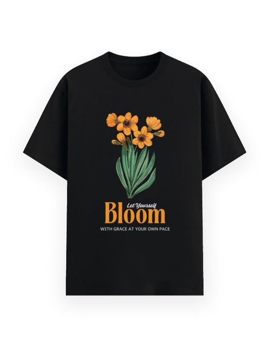 bloom with grace floral black oversized t-shirt