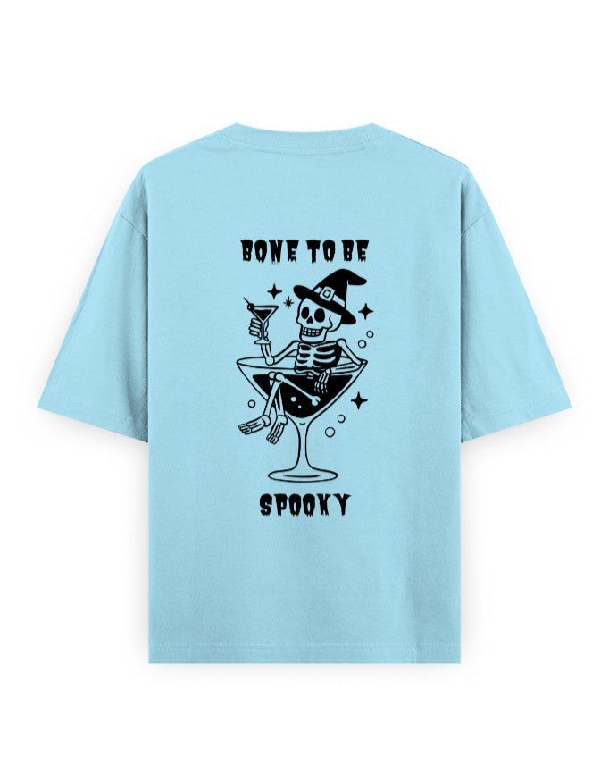 Bone to be spooky graphic humour light blue oversized t-shirt