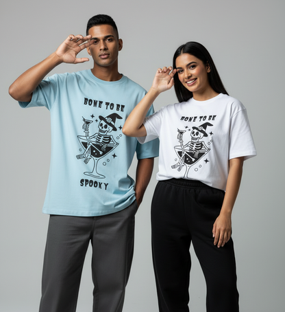 Two models wearing bone to be spooky humour graphic classic tee in light blue and white color.