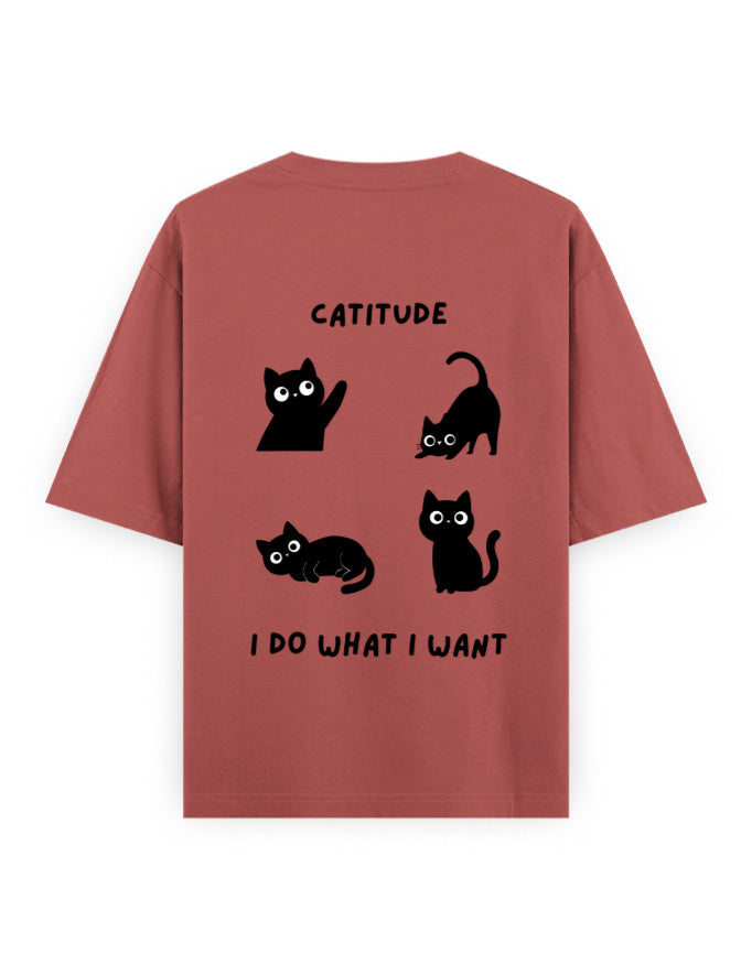 catitude I do what I want attitude graphic copper-red oversized t-shirt