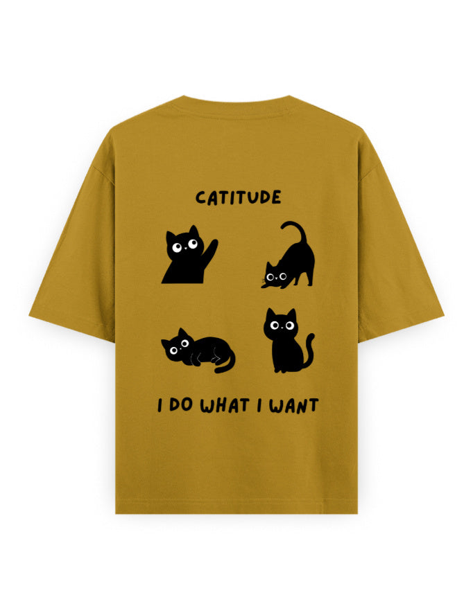catitude I do what I want attitude graphic mustard-yellow oversized t-shirt