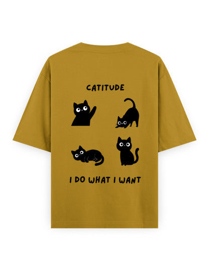 catitude I do what I want attitude graphic mustard-yellow oversized t-shirt
