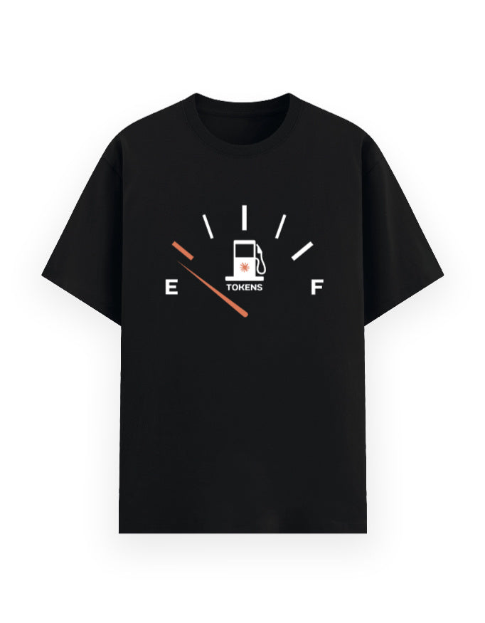 Black classic tee showing a graphic of a meter depicting ai tokens usage limit near to be empty in a humorous way