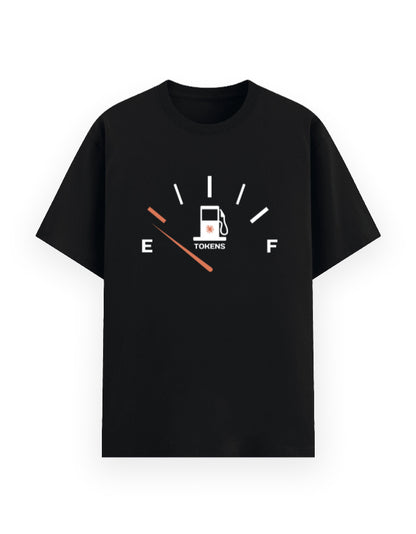 Black classic tee showing a graphic of a meter depicting ai tokens usage limit near to be empty in a humorous way