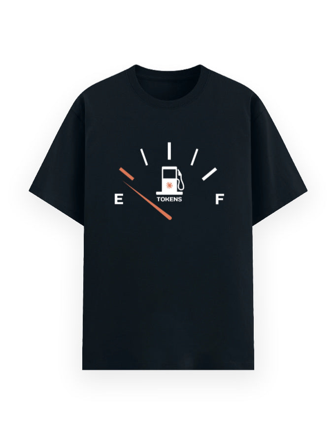 Black classic tee showing a graphic of a meter depicting ai tokens usage limit near to be empty in a humorous way