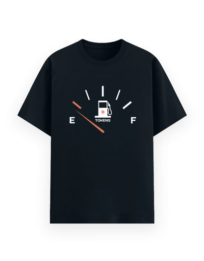 Black classic tee showing a graphic of a meter depicting ai tokens usage limit near to be empty in a humorous way