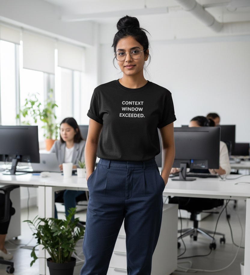 A woman stands in a bright office wearing a black graphic T-shirt with the text 'CONTEXT WINDOW EXCEEDED’