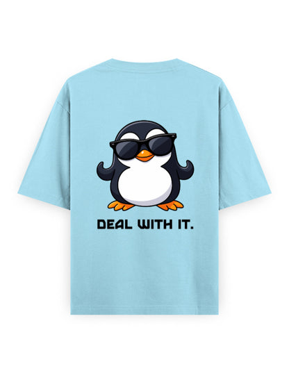 Deal with it attitude graphic humour light blue oversized t-shirt