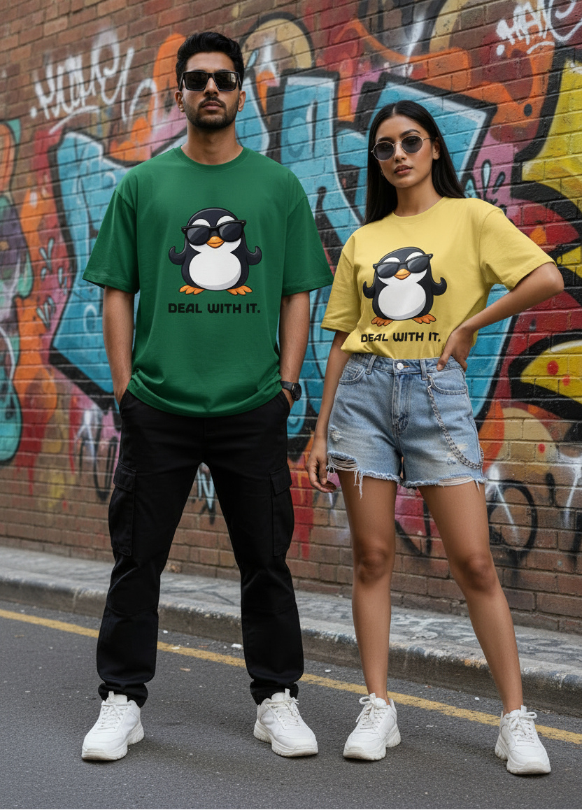 Two models wearing a humorous graphic classic t-shirt stating Deal with It with a penguin shrugging.