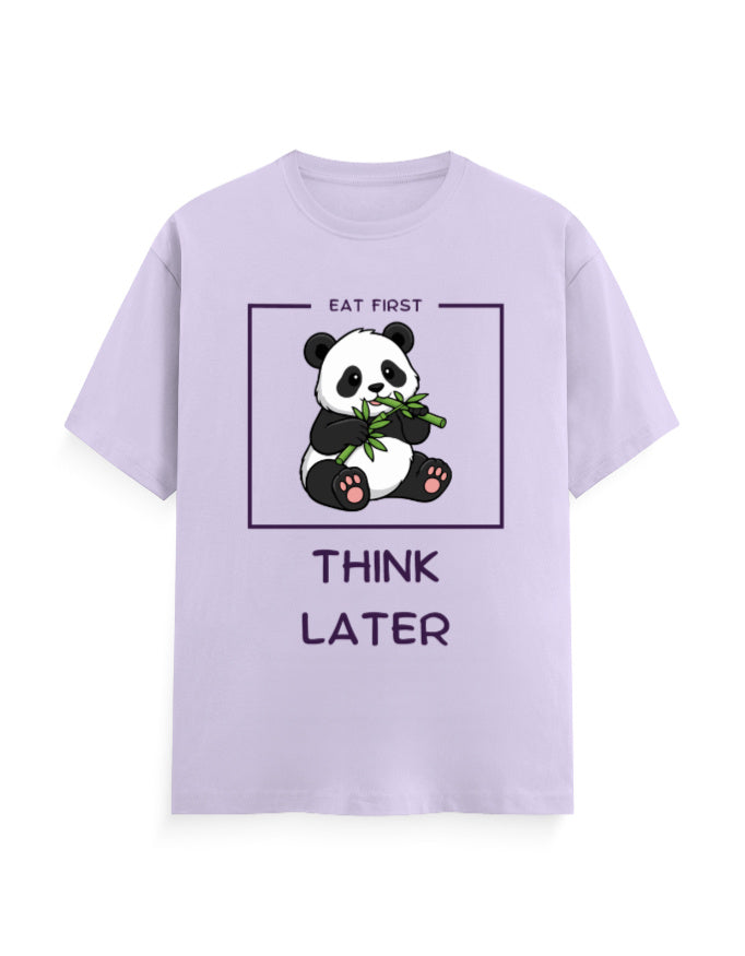 Eat first, Think later - quoted graphic featuring a panda eating without any stress in lavender classic t-shirt