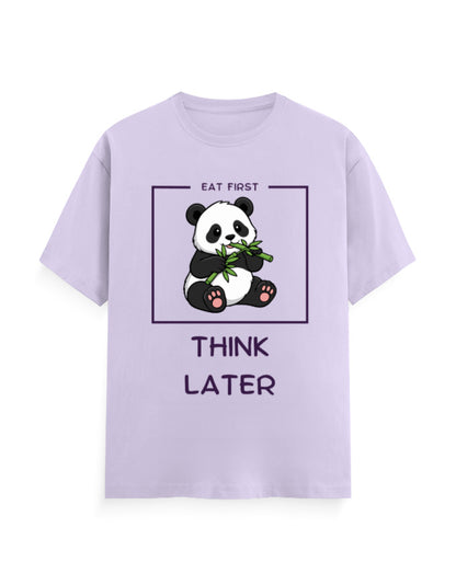 Eat first, Think later - quoted graphic featuring a panda eating without any stress in lavender classic t-shirt