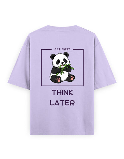 Eat first Think later panda humour graphic lavender oversized t-shirt