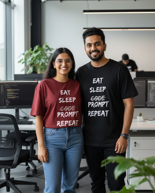 Two smiling coworkers who are prompt engineers standing in a modern office space, wearing matching graphic t-shirts with the text 'EAT SLEEP PROMPT REPEAT'.