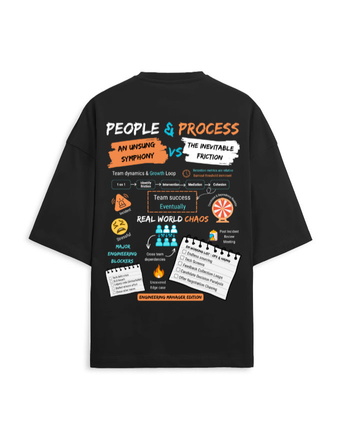 Engineering manager limited edition merchandising depicting their day to day lives in a black oversized t-shirt