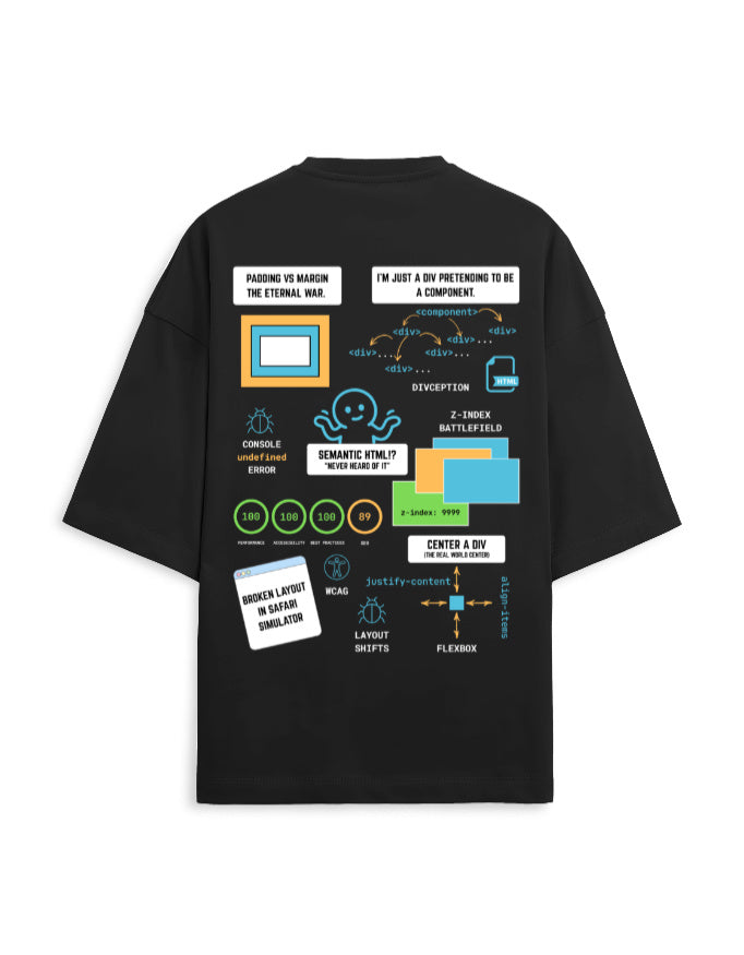 Frontend developer limited edition merchandising depicting their day to day lives in a black oversized t-shirt