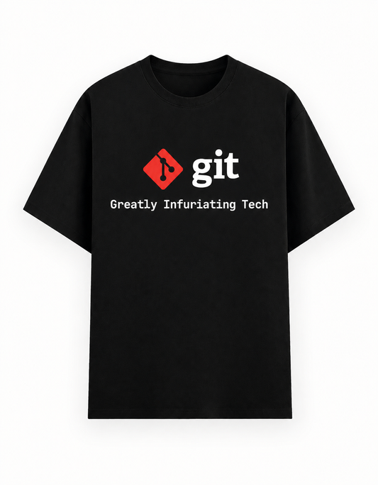 A black short-sleeve t-shirt with git logo, and the phrase 'Greatly Infuriating Tech' underneath.