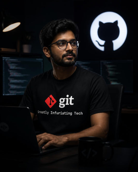 A developer wearing git tee with a funny humour