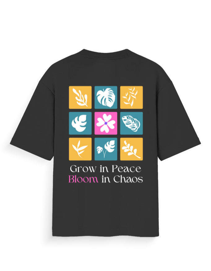 grow in peace bloom in chaos floral black oversized t-shirt