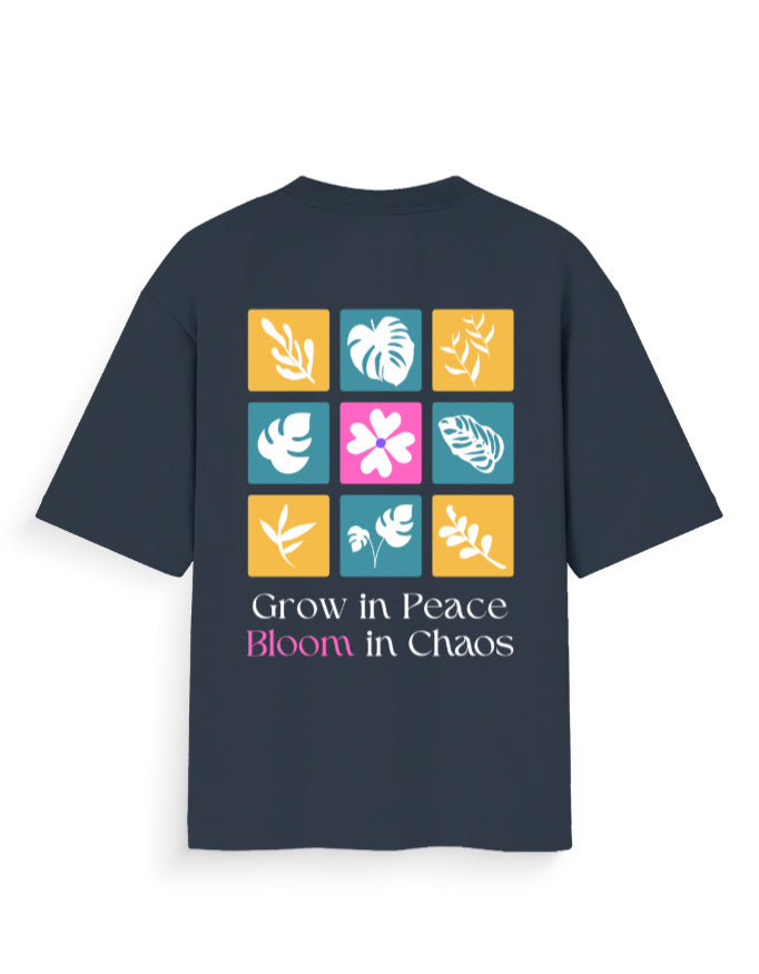 grow in peace bloom in chaos floral navy oversized t-shirt