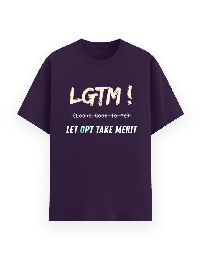 Purple t-shirt with humorous dev joke trusting GPT written code stating LGTM being Let GPT Take Over and not Looks Good To Me