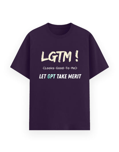 Purple t-shirt with humorous dev joke trusting GPT written code stating LGTM being Let GPT Take Over and not Looks Good To Me