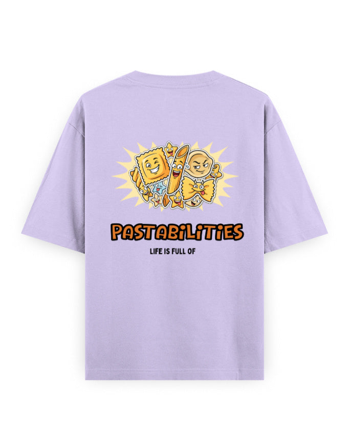 Life is full of pastabilities humour graphic lavender oversized t-shirt