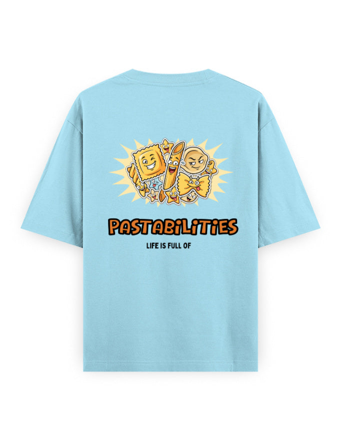 Life is full of pastabilities humour graphic light-blue oversized t-shirt