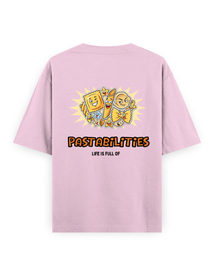 Life is full of pastabilities humour graphic pink oversized t-shirt