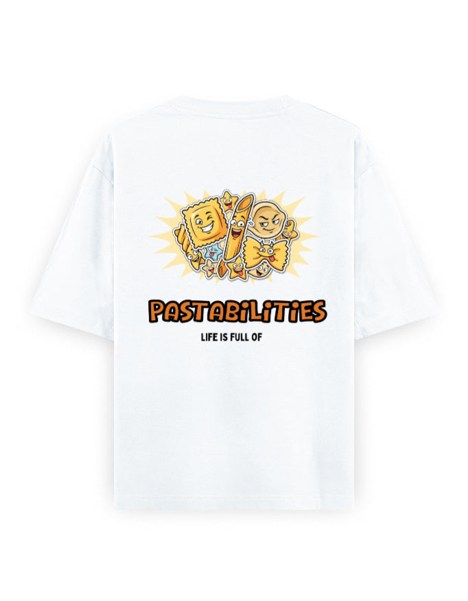 Life is full of pastabilities humour graphic white oversized t-shirt