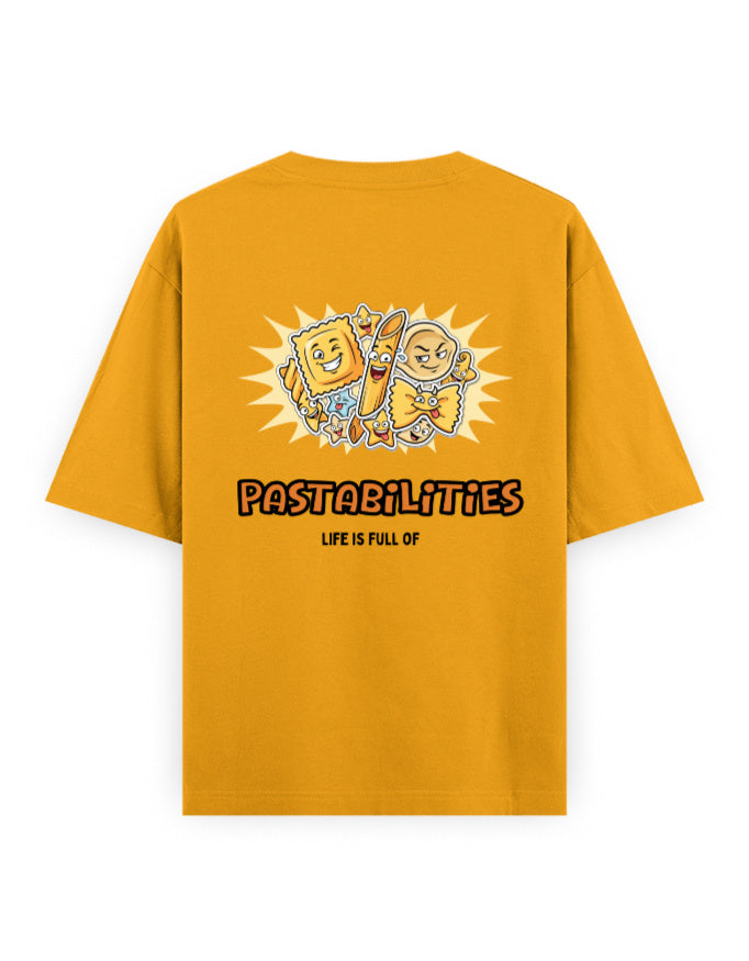 Life is full of pastabilities humour graphic yellow oversized t-shirt