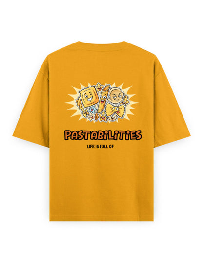 Life is full of pastabilities humour graphic yellow oversized t-shirt
